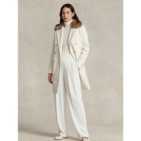 Ralph Lauren Fur Collar Double Breasted Parka Peacoat Long Overcoat 4 S White - Picture 3 of 11